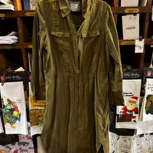 Anthropologie Maeve Olive Green Drawstring Midi Shirt Dress roll tab sleeve 10